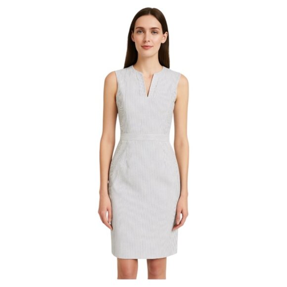 Long Tall Sally Size 6 White Navy Pinstripe Sleeveless Split Neck Sheath Dress - Picture 1 of 6